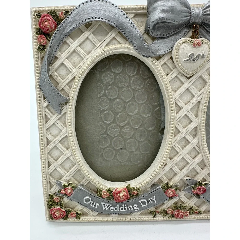 Figi Graphics Double Photo Frame 25th Anniversary Wedding Vintage Silver 8.5x6.5